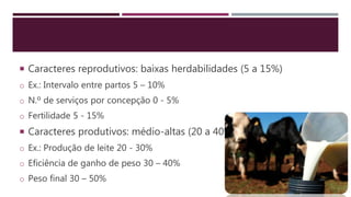  Caracteres reprodutivos: baixas herdabilidades (5 a 15%)
o Ex.: Intervalo entre partos 5 – 10%
o N.º de serviços por concepção 0 - 5%
o Fertilidade 5 - 15%
 Caracteres produtivos: médio-altas (20 a 40%)
o Ex.: Produção de leite 20 - 30%
o Eficiência de ganho de peso 30 – 40%
o Peso final 30 – 50%
 