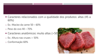  Caracteres relacionados com a qualidade dos produtos: altas (45 a
60%)
o Ex.: Maciez da carne 50 – 60%
o Peso do ovo 40 – 70%
 Caracteres anatômicos: muito altas (>50%)
o Ex.: Altura nas cruzes > 50%
o Conformação 60%
 