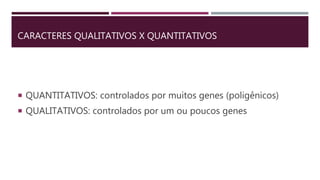 CARACTERES QUALITATIVOS X QUANTITATIVOS
 QUANTITATIVOS: controlados por muitos genes (poligênicos)
 QUALITATIVOS: controlados por um ou poucos genes
 