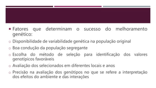  Fatores que determinam o sucesso do melhoramento
genético:
o Disponibilidade de variabilidade genética na população original
o Boa condução da população segregante
o Escolha do método de seleção para identificação dos valores
genotípicos favoráveis
o Avaliação dos selecionados em diferentes locais e anos
o Precisão na avaliação dos genótipos no que se refere a interpretação
dos efeitos do ambiente e das interações
 