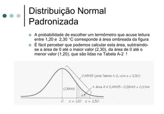 Distribuição Normal
Padronizada
 A probabilidade de escolher um termômetro que acuse leitura
 entre 1,20 e 2,30 °C corresponde à área ombreada da figura
 É fácil perceber que podemos calcular esta área, subtraindo-
 se a área de 0 até o maior valor (2,30), da área de 0 até o
 menor valor (1,20), que são lidas na Tabela A-2 !
 