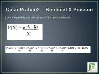 E qual a probabilidade de haver no MÁXIMO 4 peças defeituosas?

P(X) = e –ƛ . ƛx
X!
P(X 4) = e –6 . (6)0 + e –6 . (6)1 + e –6 . (6) 2 + e –6 . (6)3 + e –6 . (6)4 = 0,2850 x 100 = 28,5%
0!
1!
2!
3!
4!

 