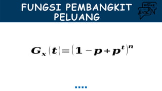 FUNGSI PEMBANGKIT
PELUANG
𝑮𝒙 (𝒕)=(𝟏 −𝒑 + 𝒑
𝒕
)𝒏
 