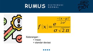 RUMUS
𝑓 (𝑥)=
𝑒
−(𝑥 −𝜇)
2
2𝜎
2
𝜎 √2 𝜋
Keterangan :
= mean
= standar deviasi
D I S T R I B U S I
N O R M A L
 