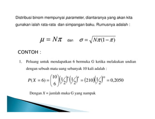CONTOH :
1. Peluang untuk mendapatkan 6 bermuka G ketika melakukan undian
Distribusi binom mempunyai parameter, diantaranya yang akan kita
gunakan ialah rata-rata dan simpangan baku. Rumusnya adalah :
πµ N= )1( ππσ −= Ndan
1. Peluang untuk mendapatkan 6 bermuka G ketika melakukan undian
dengan sebuah mata uang sebanyak 10 kali adalah :
( ) ( ) ( )( ) 2050,0
2
1210
2
1
2
1
6
10
)6(
1046
==





==XP
Dengan X = jumlah muka G yang nampak
 