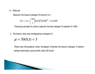 b. Sebuah
Sebuah termasuk kategori A berarti X=1
( ) ( ) 1409,090,010,0
1
30
)1(
291
=





==xP
Peluang sampel itu berisi sebuah benda kategori A adalah 0,1409
c. Tentukan rata-rata terdapatnya kategori A
3)1,0(30 ==µ
.Rata-rata diharapkan akan terdapat 3 benda termasuk kategori A dalam
setiap kelompok yang terdiri atas 30 buah.
 