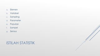 ISTILAH STATISTIK
a. Elemen
b. Variabel
c. Sampling
d. Parameter
e. Populasi
f. Sampel
g. Sensus
 