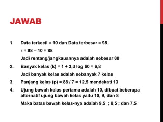 JAWAB
1. Data terkecil = 10 dan Data terbesar = 98
r = 98 – 10 = 88
Jadi rentang/jangkauannya adalah sebesar 88
2. Banyak kelas (k) = 1 + 3,3 log 60 = 6,8
Jadi banyak kelas adalah sebanyak 7 kelas
3. Panjang kelas (p) = 88 / 7 = 12,5 mendekati 13
4. Ujung bawah kelas pertama adalah 10, dibuat beberapa
alternatif ujung bawah kelas yaitu 10, 9, dan 8
Maka batas bawah kelas-nya adalah 9,5 ; 8,5 ; dan 7,5
 