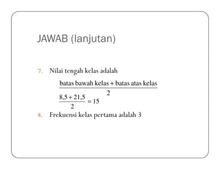 JAWAB (lanjutan)
7. Nilai tengah kelas adalah
kelasatasbataskelasbawahbatas +
8. Frekuensi kelas pertama adalah 3
2
kelasatasbataskelasbawahbatas +
15
2
21,58,5
=
+
 