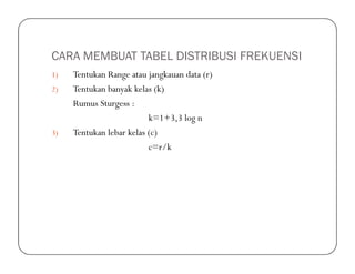 CARA MEMBUAT TABEL DISTRIBUSI FREKUENSI
1) Tentukan Range atau jangkauan data (r)
2) Tentukan banyak kelas (k)
Rumus Sturgess :
k=1+3,3 log n
3) Tentukan lebar kelas (c)3) Tentukan lebar kelas (c)
c=r/k
 