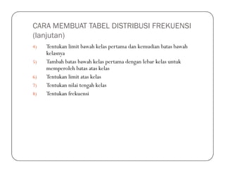 CARA MEMBUAT TABEL DISTRIBUSI FREKUENSI
(lanjutan)
4) Tentukan limit bawah kelas pertama dan kemudian batas bawah
kelasnya
5) Tambah batas bawah kelas pertama dengan lebar kelas untuk
memperoleh batas atas kelas
6) Tentukan limit atas kelas
7) Tentukan nilai tengah kelas7) Tentukan nilai tengah kelas
8) Tentukan frekuensi
 