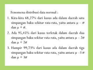Fenomena distribusi data normal :
1. Kira-kira 68,27% dari kasus ada dalam daerah satu
simpangan baku sekitar rata-rata, yaitu antara µ – σ
dan µ + σ.
2. Ada 95,45% dari kasus terletak dalam daerah dua
simpangan baku sekitar rata-rata, yaitu antara µ – 2σ
dan µ + 2σ
3. Hampir 99,73% dari kasus ada dalam daerah tiga
simpangan baku sekitar rata-rata, yaitu antara µ –3 σ
dan µ + 3σ

 