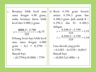c. Beratnya lebih kecil atau
sama dengan 4000 gram,
maka beratnya harus lebih
kecil dari 4000,5 gram.
maka,
4000,5  3750
z
 0,77
325

Peluang berat bayi lebih kecil
atau sama dengan 4000 gram
= 0,5 + 0,2794 = 0,7794.
Banyak bayi
= (0,7794)(10.000) = 7794

d. Berat 4250 gram berarti
antara 4294,5 gram dan
4500,5 gram. Jadi, untuk X =
4294,5 dan X= 4500,5
didapat:
4249, 5  3750
 1, 53
325
4250, 5  3750
z
 1, 54
325
z

Luas daerah yang perlu
= 0,4382 – 0,4370 = 0,0012
Banyak bayi
= (0,0012)(5000) = 6

 