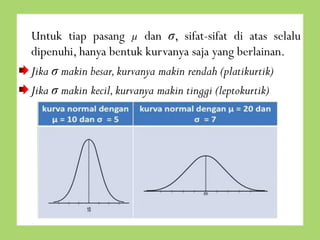 Untuk tiap pasang µ dan σ, sifat-sifat di atas selalu
dipenuhi, hanya bentuk kurvanya saja yang berlainan.
Jika σ makin besar, kurvanya makin rendah (platikurtik)
Jika σ makin kecil, kurvanya makin tinggi (leptokurtik)

 