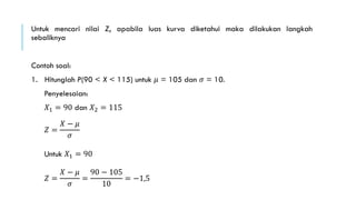 Untuk mencari nilai Z, apabila luas kurva diketahui maka dilakukan langkah
sebaliknya
Contoh soal:
1. Hitunglah P(90 < X < 115) untuk 𝜇 = 105 dan 𝜎 = 10.
Penyelesaian:
𝑋1 = 90 dan 𝑋2 = 115
𝑍 =
𝑋 − 𝜇
𝜎
Untuk 𝑋1 = 90
𝑍 =
𝑋 − 𝜇
𝜎
=
90 − 105
10
= −1,5
 