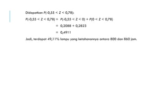 Didapatkan P(-0,55 < Z < 0,78):
P(-0,55 < Z < 0,78) = P(-0,55 < Z < 0) + P(0 < Z < 0,78)
= 0,2088 + 0,2823
= 0,4911
Jadi, terdapat 49,11% lampu yang ketahanannya antara 800 dan 860 jam.
 