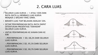 2. CARA LUAS
• SELURUH LUAS KURVA = 1 ATAU 100% DAN
RATA-RATA (𝜇) MEMBAGI LUAS KURVA
MENJADI 2 BAGIAN YANG SAMA.
• BERARTI LUAS TIAP BELAHAN ADALAH 50%.
• SETIAP PENYIMPANGAN RATA-RATA DAPAT
DITENTUKAN PRESENTASE TERHADAP
SELURUH LUAS KURVA.
• UNTUK PENYIMPANGAN KE KANAN DAN KE
KIRI
-.PENYIMPANGAN 1 SD, 68,2% DARI SELURUH
LUAS KURVA.
-.PENYIMPANGAN 2 SD, 95,5% DARI SELURUH
LUAS KURVA.
-.PENYIMPANGAN 3 SD, 99,7% DARI SELURUH
LUAS KURVA.
 