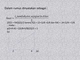 Dalam rumus dinyatakan sebagai :
{[f(2) + f(4)](2)}/2 karena f(2) = (2+1)/8 =3/8 dan f(4) = (4+1)/8 = 5/8
, maka :
p(2<X<4) = [(3/8+5/8)(2)]/2 = 1
(y)
2 4 (x)
2
)..( xAlassejajarsisijumlah
luas 
 