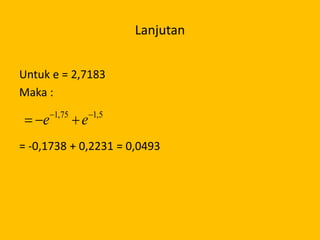 Lanjutan
Untuk e = 2,7183
Maka :
= -0,1738 + 0,2231 = 0,0493
5,175,1 
 ee
 