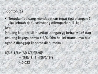 Contoh (1)
• Tentukan peluang mendapatkan tepat tiga bilangan 2
jika sebuah dadu seimbang dilemparkan 5 kali
Jwb :
Peluang keberhasilan setiap ulangan yg bebas = 1/6 dan
peluang kegagalannya = 5/6. Dlm hal ini munculnya bila-
ngan 2 dianggap keberhasilan, maka :
b(3;5,1/6)=(⁵₃)(1/6)³(5/6)²
= [(5!)/(3! 2!)][(5²)/(6⁵)
= 0,032
 