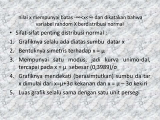 nilai x mempunyai batas -∞<x<∞ dan dikatakan bahwa
variabel random X berdistribusi normal
• Sifat-sifat penting distribusi normal :
1. Grafiknya selalu ada diatas sumbu datar x
2. Bentuknya simetris terhadap x = μ
3. Mempunyai satu modus, jadi kurva unimo-dal,
tercapai pada x = μ sebesar (0,3989)/σ
4. Grafiknya mendekati (berasimtutkan) sumbu da tar
x dimulai dari x=μ+3σ kekanan dan x = μ – 3σ kekiri
5. Luas grafik selalu sama dengan satu unit persegi
 