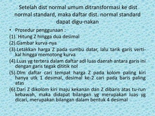Setelah dist normal umum ditransformasi ke dist
normal standard, maka daftar dist. normal standard
dapat digu-nakan
• Prosedur penggunaan :
(1). Hitung Z hingga dua desimal
(2).Gambar kurva-nya
(3).Letakkan harga Z pada sumbu datar, lalu tarik garis verti-
kal hingga memotong kurva
(4).Luas yg tertera dalam daftar adl luas daerah antara garis ini
dengan garis tegak dititik nol
(5).Dlm daftar cari tempat harga Z pada kolom paling kiri
hanya utk 1 desimal, desimal ke-2 cari pada baris paling
atas
(6).Dari Z dikolom kiri maju kekanan dan Z dibaris atas tu-run
kebawah, maka didapat bilangan yg merupakan luas yg
dicari, merupakan bilangan dalam bentuk 4 desimal
 
