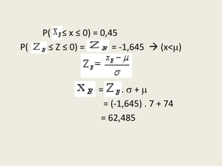 P( ≤ x ≤ 0) = 0,45
P( ≤ Z ≤ 0) = = -1,645  (x<)
= .  + 
= (-1,645) . 7 + 74
= 62,485
 