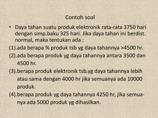 Contoh soal
• Daya tahan suatu produk elektronik rata-rata 3750 hari
dengan simp.baku 325 hari. Jika daya tahan ini berdist.
normal, maka tentukan ada :
(1).ada berapa % produk tsb yg daya tahannya >4500 hr.
(2).ada berapa produk yg daya tahannya antara 3500 dan
4500 hr.
(3).berapa produk elektronik tsb.yg daya tahannya lebih
atau sama dengan 4000 hr jika semuanya ada 10000
produk.
(4).berapa produk yg daya tahannya 4250 hr, jika semua-
nya ada 5000 produk yg dihasilkan.
 
