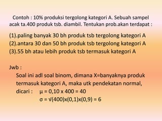 Contoh : 10% produksi tergolong kategori A. Sebuah sampel
acak ta.400 produk tsb. diambil. Tentukan prob.akan terdapat :
(1).paling banyak 30 bh produk tsb tergolong kategori A
(2).antara 30 dan 50 bh produk tsb tergolong kategori A
(3).55 bh atau lebih produk tsb termasuk kategori A
Jwb :
Soal ini adl soal binom, dimana X=banyaknya produk
termasuk kategori A, maka utk pendekatan normal,
dicari : μ = 0,10 x 400 = 40
σ = √(400)x(0,1)x(0,9) = 6
 