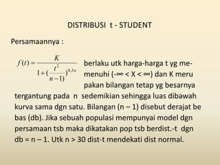 DISTRIBUSI t - STUDENT
Persamaannya :
berlaku utk harga-harga t yg me-
menuhi (-∞ < X < ∞) dan K meru
pakan bilangan tetap yg besarnya
tergantung pada n sedemikian sehingga luas dibawah
kurva sama dgn satu. Bilangan (n – 1) disebut derajat be
bas (db). Jika sebuah populasi mempunyai model dgn
persamaan tsb maka dikatakan pop tsb berdist.-t dgn
db = n – 1. Utk n > 30 dist-t mendekati dist normal.
n
n
t
K
tf
5,0
2
)
)1
(1
)(



 