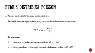 a. Rumus probabilitas Poisson suatu peristiwa
Probabilitas suatu peristiwa yang berdistribusi Poisson dirumuskan:
𝑃 𝑋 = 𝑥 =
𝜆 𝑥 𝑒−𝜆
𝑥!
Keterangan:
𝜆 = rata-rata terjadinya suatu peristiwa (𝜆 = 𝑛 × 𝑝)
𝑒 = bilangan alam = bilangan natural = bilangan euler = 2,71828
 