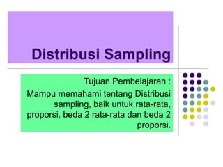 Distribusi Sampling
               Tujuan Pembelajaran :
Mampu memahami tentang Distribusi
      sampling, baik untuk rata-rata,
proporsi, beda 2 rata-rata dan beda 2
                             proporsi.
 