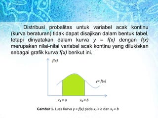 Distribusi probalitas untuk variabel acak kontinu
(kurva beraturan) tidak dapat disajikan dalam bentuk tabel,
tetapi dinyatakan dalam kurva y = f(x) dengan f(x)
merupakan nilai-nilai variabel acak kontinu yang dilukiskan
sebagai grafik kurva f(x) berikut ini.
Gambar 1. Luas Kurva y = f(x) pada x1 = a dan x2 = b
 