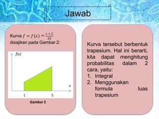 Jawab
Kurva 𝑓 = 𝑓 𝑥 = 𝑥 + 2
20
disajikan pada Gambar 2:
Gambar 2
Kurva tersebut berbentuk
trapesium. Hal ini berarti,
kita dapat menghitung
probabilitas dalam 2
cara, yaitu:
luas
1. Integral
2. Menggunakan
formula
trapesium
 