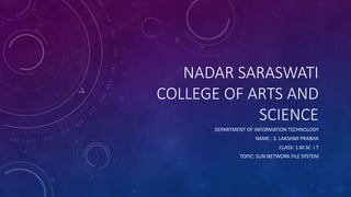 NADAR SARASWATI
COLLEGE OF ARTS AND
SCIENCE
DEPARTMENT OF INFORMATION TECHNOLOGY
NAME : S. LAKSHMI PRABHA
CLASS: 1.M.SC I T
TOPIC: SUN NETWORK FILE SYSTEM