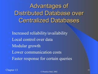 Advantages of Distributed Database over Centralized Databases Increased reliability/availability Local control over data Modular growth Lower communication costs Faster response for certain queries 