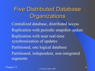 Five Distributed Database Organizations Centralized database, distributed access Replication with periodic snapshot update Replication with near real-time synchronization of updates Partitioned, one logical database Partitioned, independent, non-integrated segments 