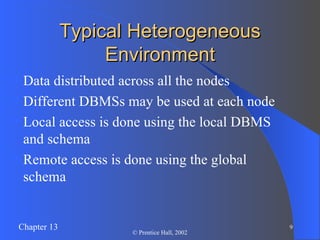 Typical Heterogeneous Environment Data distributed across all the nodes Different DBMSs may be used at each node Local access is done using the local DBMS and schema Remote access is done using the global schema 