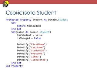 Свойството Student
Protected Property Student As Domain.Student
    Get
        Return theStudent
    End Get
    Set(value As Domain.Student)
        theStudent = value
        isChanged = False

        DoNotify("FirstName")
        DoNotify("LastName")
        DoNotify("StudentID")
        DoNotify("PhotoURL")
        DoNotify("isNew")
        DoNotify("IsSelected")
    End Set
End Property
 