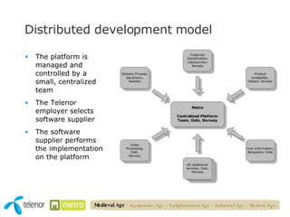 Distributed development model The platform is managed and controlled by a small, centralized team The Telenor employer selects software  supplier The software supplier performs the implementation on the platform Medieval Age   – Gunpowder Age – Enlightenment Age – Industrial Age – Modern Age 
