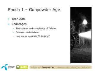 Epoch 1 – Gunpowder Age Year 2001 Challenges The volume and complexity of Telenor Common architecture How do we organize SI-testing? Medieval Age   –  Gunpowder Age  – Enlightenment Age – Industrial Age – Modern Age 