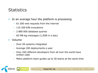 Statistics In an average hour the platform is processing 61 200 web requests from the internet 115 200 EJB invocations 2 880 000 database queries 65 MB log messages (1,5GB in a day) Volume Over 50 systems integrated Average 200 deployments a year Over 250 different developers from all over the world have written code Metro platform team guides up to 30 teams at the same time Medieval Age   –  Gunpowder Age  – Enlightenment Age – Industrial Age – Modern Age 