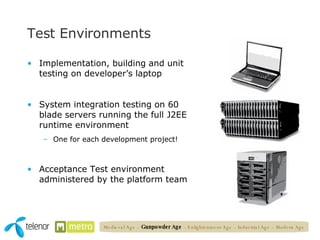 Test Environments Implementation, building and unit testing on developer’s laptop System integration testing on 60 blade servers running the full J2EE runtime environment One for each development project! Acceptance Test environment administered by the platform team Medieval Age   –  Gunpowder Age  – Enlightenment Age – Industrial Age – Modern Age 