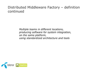Distributed Middleware Factory – definition continued Multiple teams in different locations, producing software for system integration, on the same platform, using standardized architecture and tools 