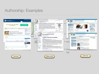 Authorship: Examples individual or collective protected or open version control  security: server back up 