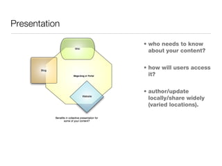 Presentation who needs to know about your content? how will users access it? author/update locally/share widely (varied locations). 