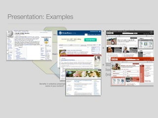 Presentation: Examples who needs to know about your content? how will users access it? author/update locally/share widely (varied locations). 