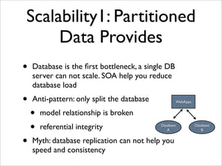 Scalability1: Partitioned
     Data Provides
•   Database is the ﬁrst bottleneck, a single DB
    server can not scale. SOA help you reduce
    database load
•   Anti-pattern: only split the database              WebApps


    •   model relationship is broken
    •   referential integrity               Database
                                               A
                                                                 Database
                                                                    B


•   Myth: database replication can not help you
    speed and consistency
 