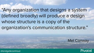 @bridgetkromhout
“Any organization that designs a system
(deﬁned broadly) will produce a design
whose structure is a copy of the
organization's communication structure.”
Mel Conway
 