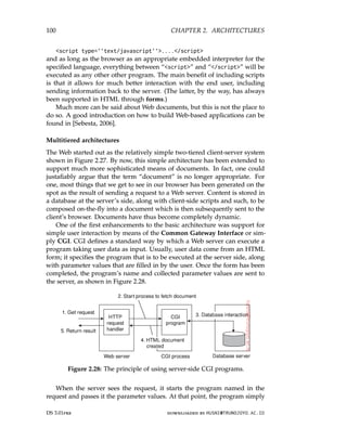 100 CHAPTER 2. ARCHITECTURES
script type=’’text/javascript’’..../script
and as long as the browser as an appropriate embedded interpreter for the
specified language, everything between “script” and “/script” will be
executed as any other other program. The main benefit of including scripts
is that it allows for much better interaction with the end user, including
sending information back to the server. (The latter, by the way, has always
been supported in HTML through forms.)
Much more can be said about Web documents, but this is not the place to
do so. A good introduction on how to build Web-based applications can be
found in [Sebesta, 2006].
Multitiered architectures
The Web started out as the relatively simple two-tiered client-server system
shown in Figure 2.27. By now, this simple architecture has been extended to
support much more sophisticated means of documents. In fact, one could
justafiably argue that the term “document” is no longer appropriate. For
one, most things that we get to see in our browser has been generated on the
spot as the result of sending a request to a Web server. Content is stored in
a database at the server’s side, along with client-side scripts and such, to be
composed on-the-fly into a document which is then subsequently sent to the
client’s browser. Documents have thus become completely dynamic.
One of the first enhancements to the basic architecture was support for
simple user interaction by means of the Common Gateway Interface or sim-
ply CGI. CGI defines a standard way by which a Web server can execute a
program taking user data as input. Usually, user data come from an HTML
form; it specifies the program that is to be executed at the server side, along
with parameter values that are filled in by the user. Once the form has been
completed, the program’s name and collected parameter values are sent to
the server, as shown in Figure 2.28.
Figure 2.28: The principle of using server-side CGI programs.
When the server sees the request, it starts the program named in the
request and passes it the parameter values. At that point, the program simply
DS 3.01pre downloaded by HUSNI@TRUNOJOYO.AC.ID
100 CHAPTER 2. ARCHITECTURES
script type=’’text/javascript’’..../script
and as long as the browser as an appropriate embedded interpreter for the
specified language, everything between “script” and “/script” will be
executed as any other other program. The main benefit of including scripts
is that it allows for much better interaction with the end user, including
sending information back to the server. (The latter, by the way, has always
been supported in HTML through forms.)
Much more can be said about Web documents, but this is not the place to
do so. A good introduction on how to build Web-based applications can be
found in [Sebesta, 2006].
Multitiered architectures
The Web started out as the relatively simple two-tiered client-server system
shown in Figure 2.27. By now, this simple architecture has been extended to
support much more sophisticated means of documents. In fact, one could
justafiably argue that the term “document” is no longer appropriate. For
one, most things that we get to see in our browser has been generated on the
spot as the result of sending a request to a Web server. Content is stored in
a database at the server’s side, along with client-side scripts and such, to be
composed on-the-fly into a document which is then subsequently sent to the
client’s browser. Documents have thus become completely dynamic.
One of the first enhancements to the basic architecture was support for
simple user interaction by means of the Common Gateway Interface or sim-
ply CGI. CGI defines a standard way by which a Web server can execute a
program taking user data as input. Usually, user data come from an HTML
form; it specifies the program that is to be executed at the server side, along
with parameter values that are filled in by the user. Once the form has been
completed, the program’s name and collected parameter values are sent to
the server, as shown in Figure 2.28.
Figure 2.28: The principle of using server-side CGI programs.
When the server sees the request, it starts the program named in the
request and passes it the parameter values. At that point, the program simply
DS 3.01pre downloaded by HUSNI@TRUNOJOYO.AC.ID
 